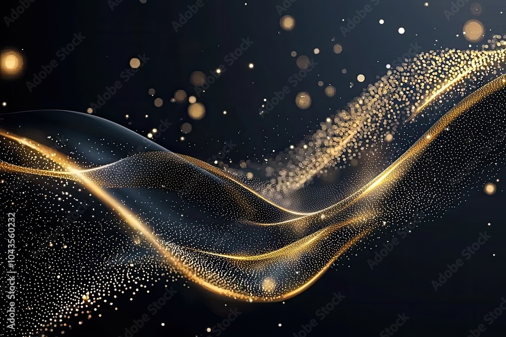 Poster elegant golden wave with sparkling particles on dark background.