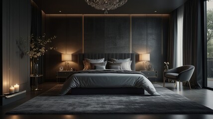 Modern bedroom interior design with a large bed, nightstands, a chair, and a chandelier.