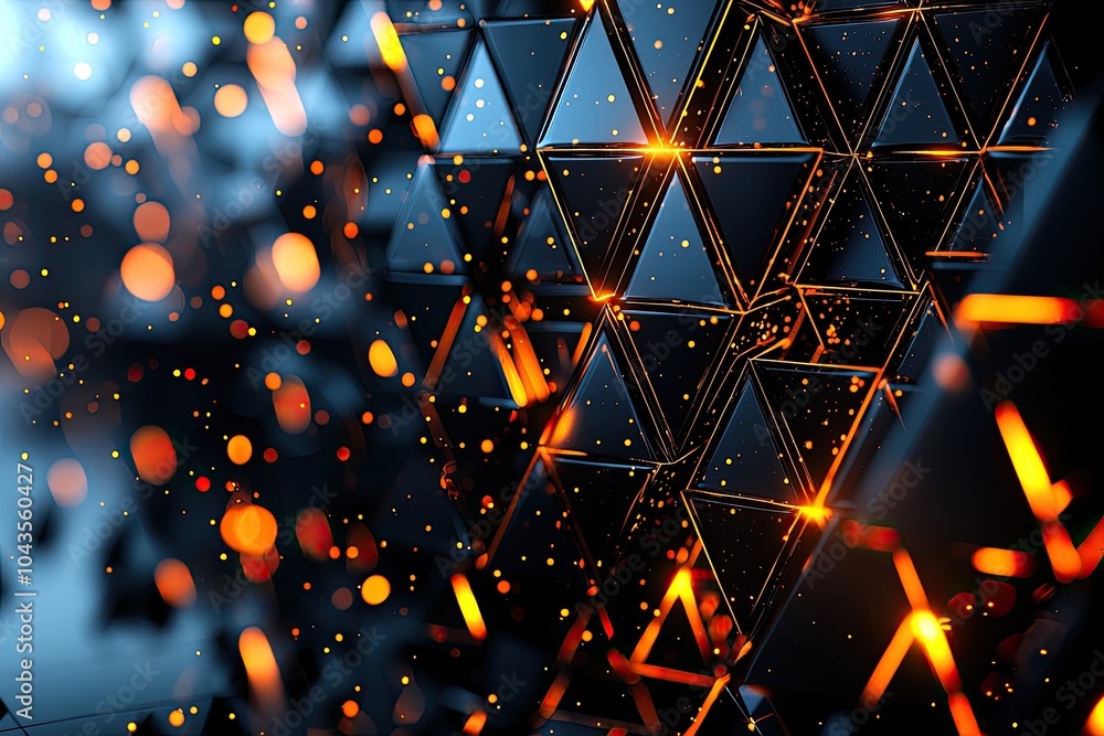 Poster abstract geometric pattern with glowing triangles and bokeh lights.