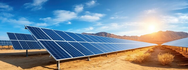 Solar farms in a desert landscape, pushing towards renewable energy