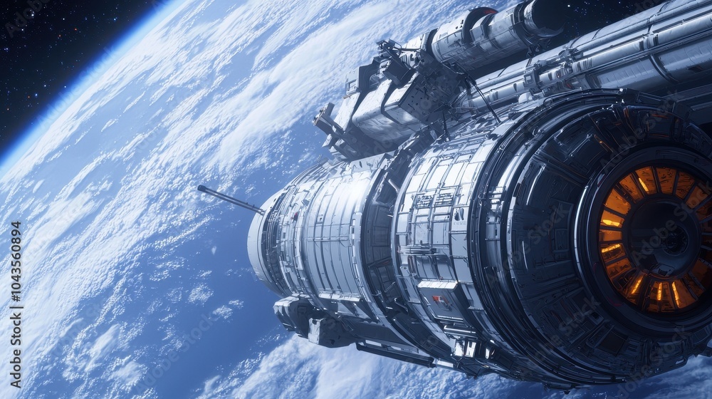 Poster a detailed spacecraft or space station orbits earth, showcasing intricate design and features agains