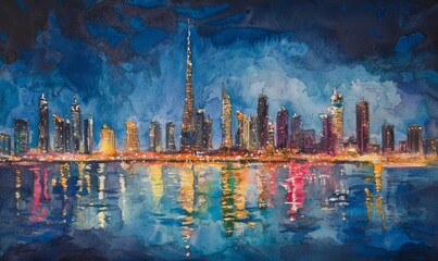 Fototapeta premium Watercolor the business bay of dubai at night