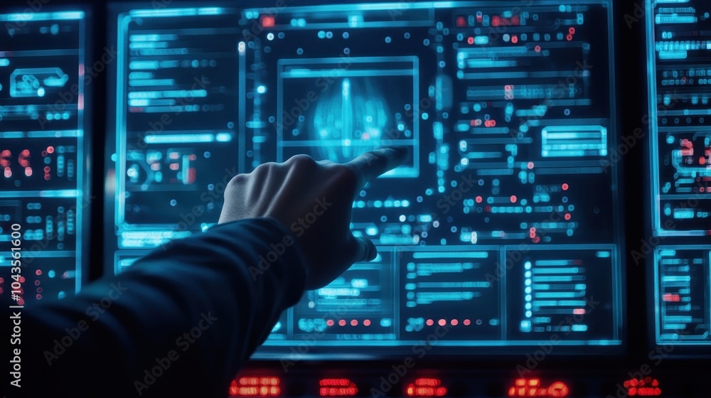 Poster a futuristic interface with glowing screens and data, featuring a hand interacting with digital elem