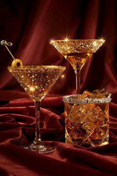 Shimmering Luxury Cocktails sitting on a deep red velvet background.