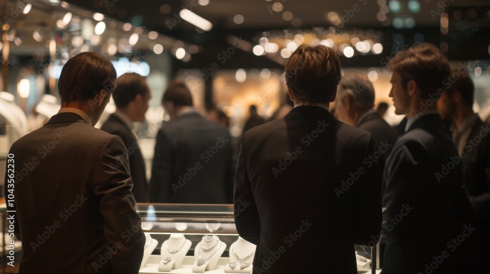 Poster a group of welldressed gentlemen all with backs to the camera gathers around a display table intentl