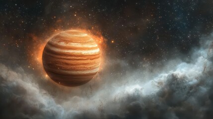 A stunning cosmic scene featuring Jupiter surrounded by vibrant clouds and twinkling stars, showcasing the beauty of space.