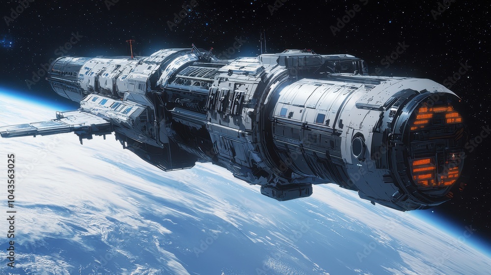 Poster a futuristic spacecraft orbits earth, showcasing intricate design and advanced technology against a 