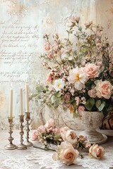 Elegant floral arrangement with soft pink roses and vintage candlesticks against a textured...
