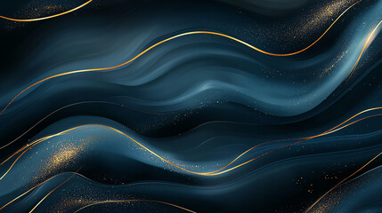 Elegant abstract background with flowing dark blue waves and shimmering golden accents, perfect for luxury design and artistic projects.