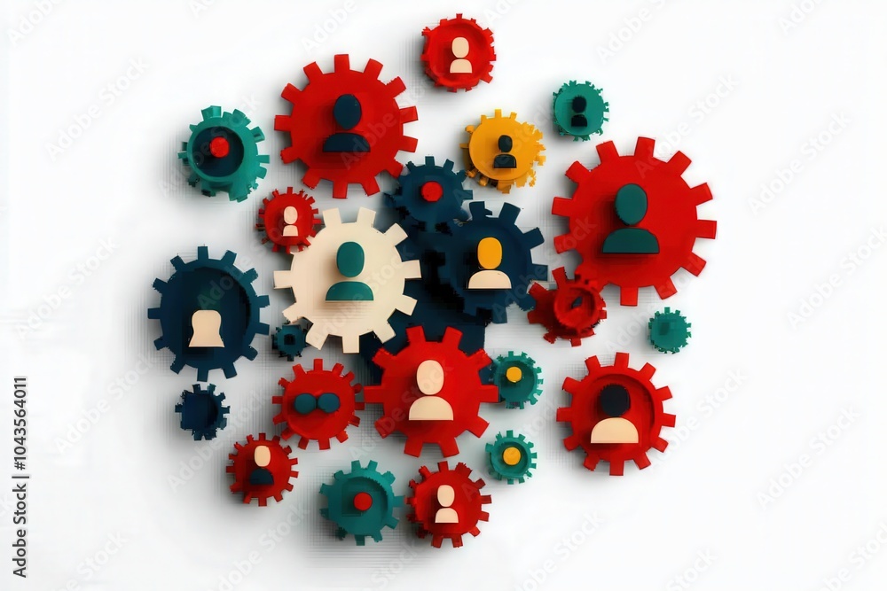 Poster collaboration and connection visualizing team dynamics through gears and people icons