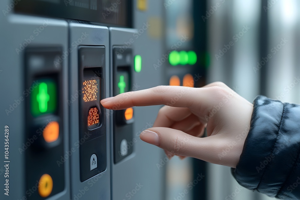 Poster a hand pressing a button on a digital interface, likely for a ticket or payment system.