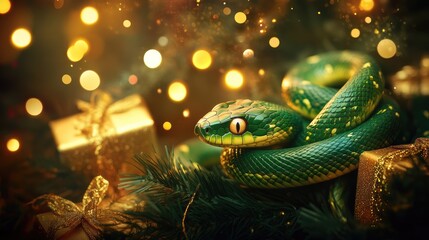 Fototapeta premium Green snake next to gifts in gold packaging, symbol of 2025 according to the Chinese calendar