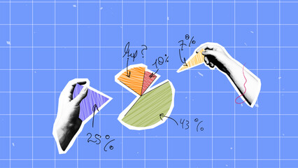 collage design with pie chart with statistics in vector style with handwritten notes with halfton hands cut out