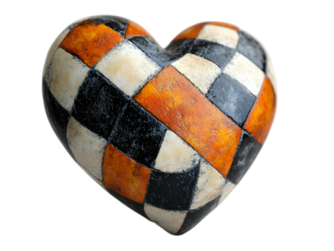 Textured heart with an orange, black, and white checkerboard pattern, exuding a rustic and artistic vibe.