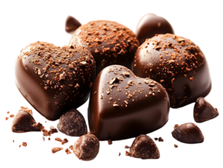Heart-shaped dark chocolate candies with cocoa sprinkle accents.