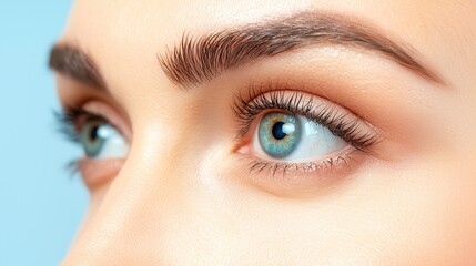 Fototapeta premium Close-up of young beautiful woman's blue eye with long eyelashes beauty skincare cosmetic eyecare