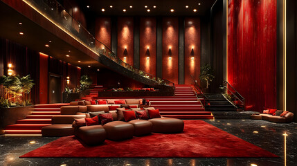 Modern Home Theater Interior Design with Red Accents - 3D Illustration