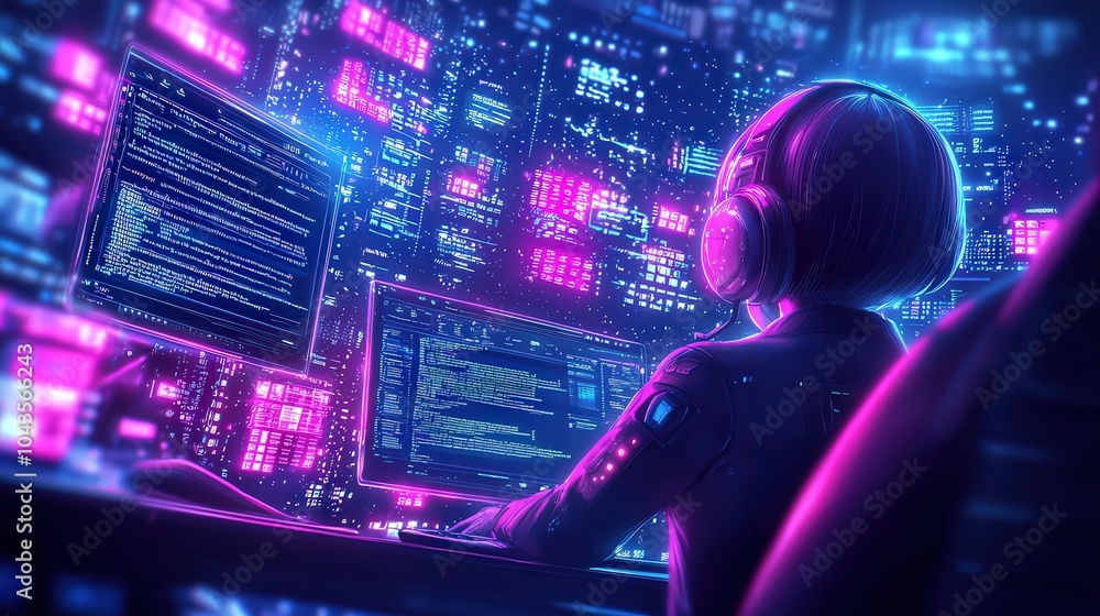 Poster futuristic cyber landscape with a programmer immersed in technology and code at night