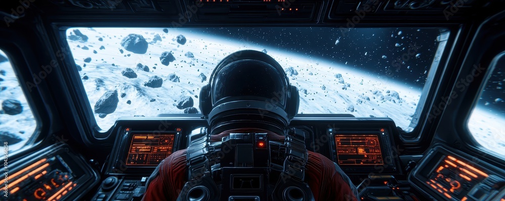 Poster a view from a spacecraft cockpit, showcasing an astronaut observing an asteroid field and a distant 