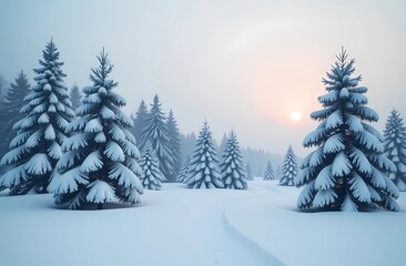 Obraz premium Snowy landscape. Snow-covered Christmas trees in the field.