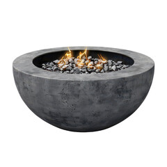 Modern concrete fire pit featuring glowing flames and decorative stones for outdoor ambiance and warmth., on transparent background cutout