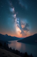 Space Landscape. Mountains and forest on the background of beautiful sky