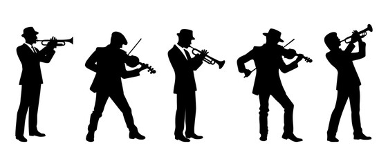 Man playing Violin and Trumpet silhouette black filled vector Illustration icon.