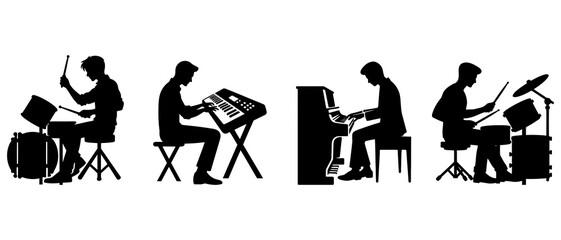 Man playing Keyboard, Piano and Drum silhouette black filled vector Illustration icon. © iamabduss