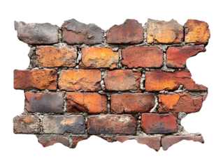 Weathered brick wall with exposed, aged bricks displaying a rustic, worn look.