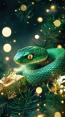 Fototapeta premium Green snake next to gifts in gold packaging, symbol of 2025 according to the Chinese calendar