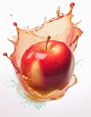 Apple juice splashes as a fresh red apple falls, isolated on a white background
