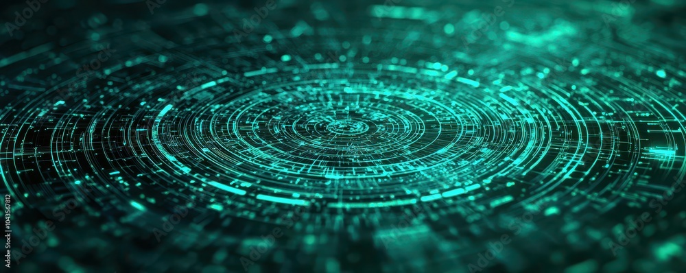 Poster a mesmerizing digital pattern showcasing circular waves and glowing lines, creating a futuristic tec