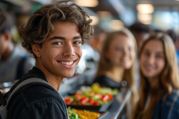 Obraz premium Teens smiling in a school cafeteria, enjoying lunch together. Friendly atmosphere with a variety of food on trays.