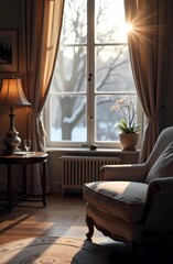Cozy interior flooded with sunlight. Winter fairy tale outside the window.