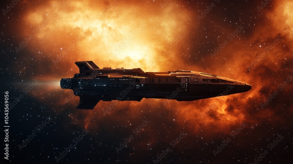 Poster a sleek spaceship glides through a cosmic scene, illuminated by fiery celestial explosions, set agai