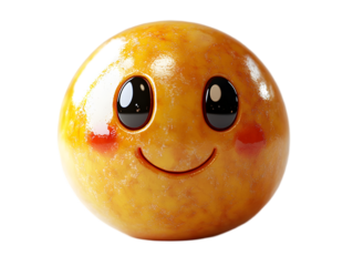 Smiling, glossy emoji face with bright eyes and a cheerful expression.