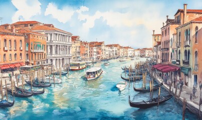 Obraz premium Watercolor Beautiful view of the Grand Canal with boats and colorful facades of old medieval houses from the Rialto Bridge in Venice, Italy. Venice is a popular