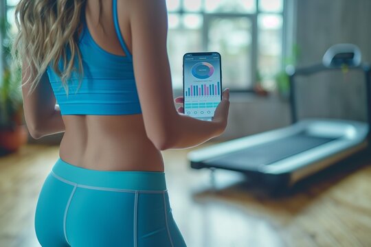 Woman in blue sportswear checks fitness data on phone, treadmill in view.