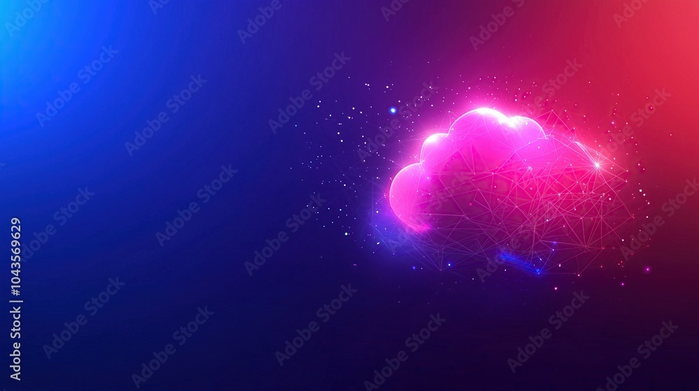 Poster Abstract cloud computing illustration with glowing pink cloud on blue red gradient background copy space