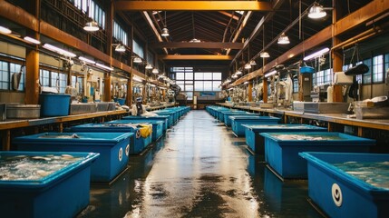 Fototapeta premium A spacious industrial area with blue tanks, likely for aquatic life processing.