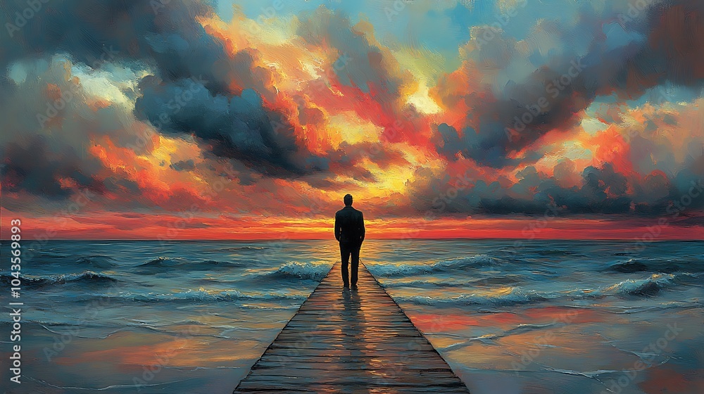Poster dreamlike scene of a man walking into a vortex of color