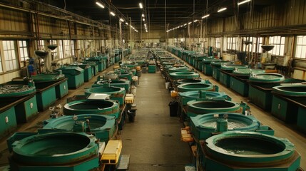 Fototapeta premium A spacious industrial facility with circular tanks, likely for aquaculture or fish farming.
