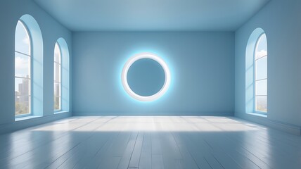 Obraz premium An empty room with a large arched window, light blue walls, and a wooden floor