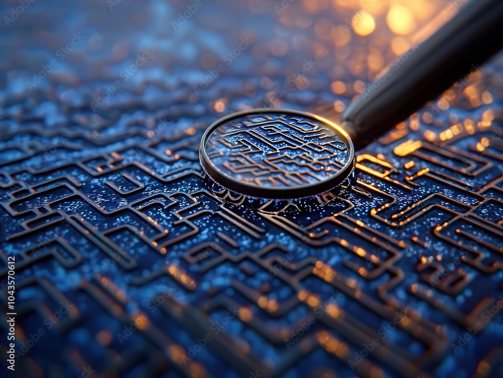 Aufkleber exploring intricate patterns of technology through a magnifying lens on a distinct surface