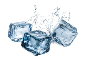 Three ice cubes splashing in mid-air with water droplets.