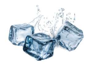 Three ice cubes splashing in mid-air with water droplets.