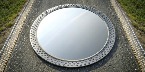 Round perturbing road mirror in a dotted frame high angle view