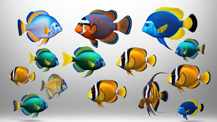 Fototapeta premium Collection of colorful fish on a transparent or white background