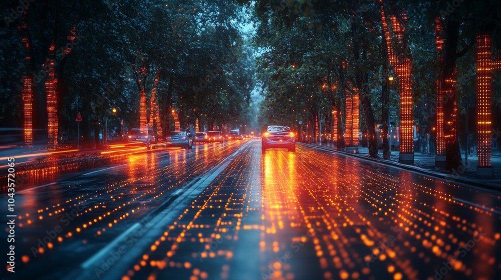 Poster a rain-soaked street reflects bright lights from trees lining the road, creating a stunning visual e