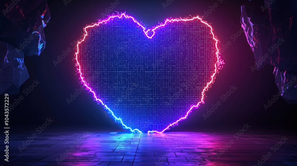 Aufkleber neon heart symbol made of binary code glows in dark room